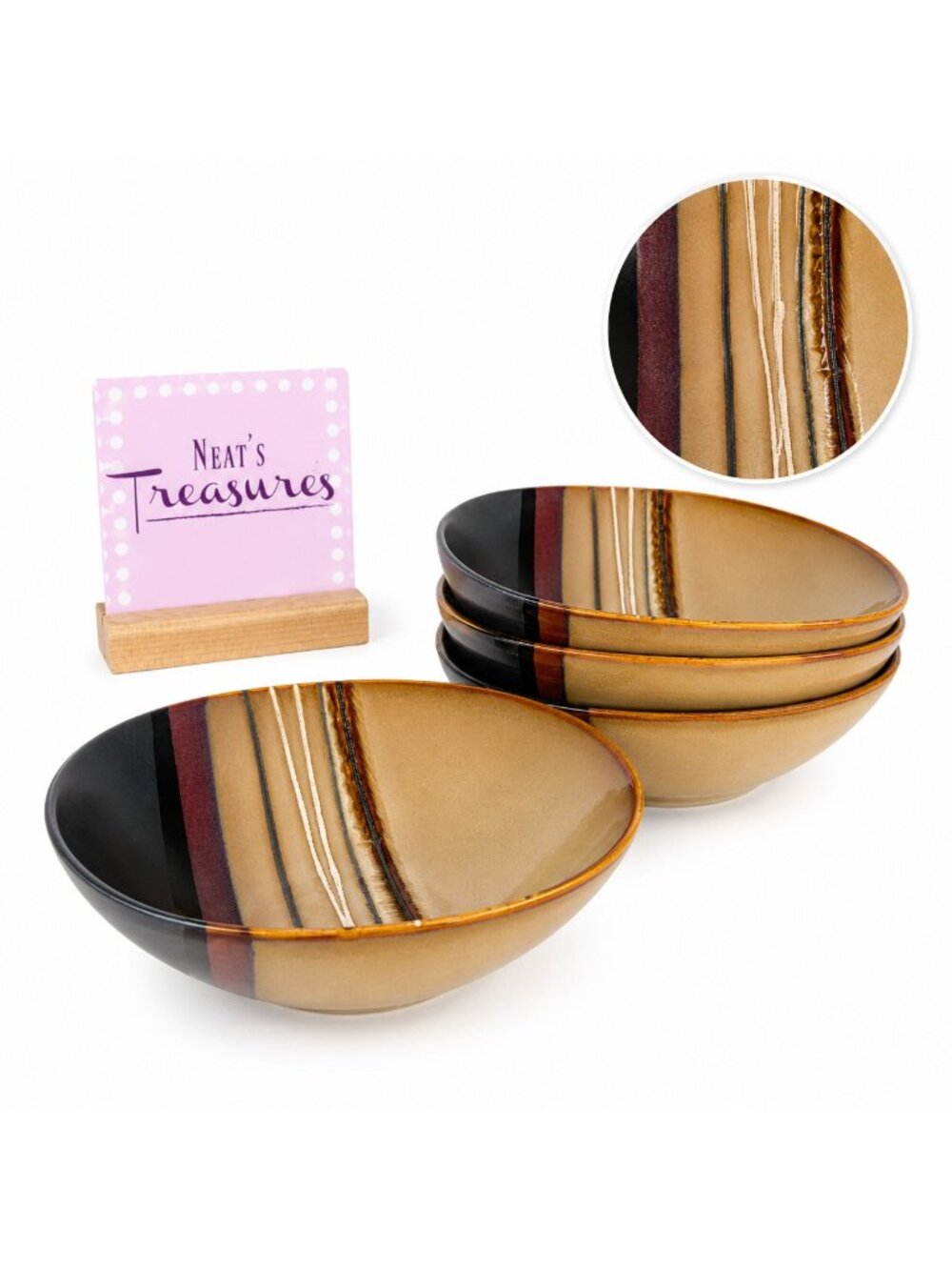 Home Trends BAZAAR BROWN Square Strips Stoneware 6 7/8" Soup Cereal Bowls Set 4